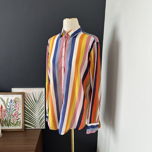 XIRENA Women's Striped Silk Cotton Button Up Shirt Blouse Colorful Bright - Picture 4 of 11